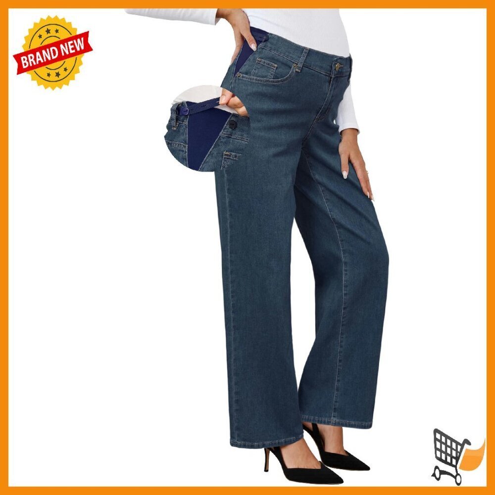 Adjustable Waist Maternity Jeans Wide Leg Stretch Denim Work Pants
